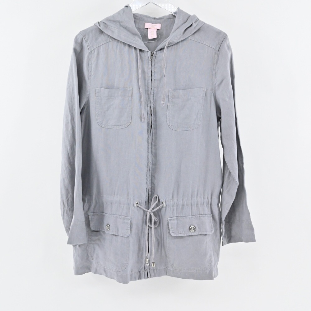 St Tropaz Linen Jacket Womens Size M Gray Lightweight Full Zip Hooded Utility